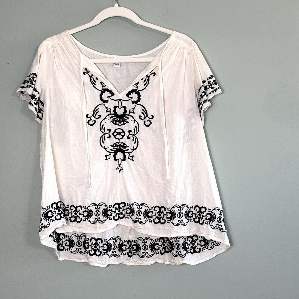 Old Navy Embroidered Top Blouse Peasant Short Sleeve Womens XL Off White Boho